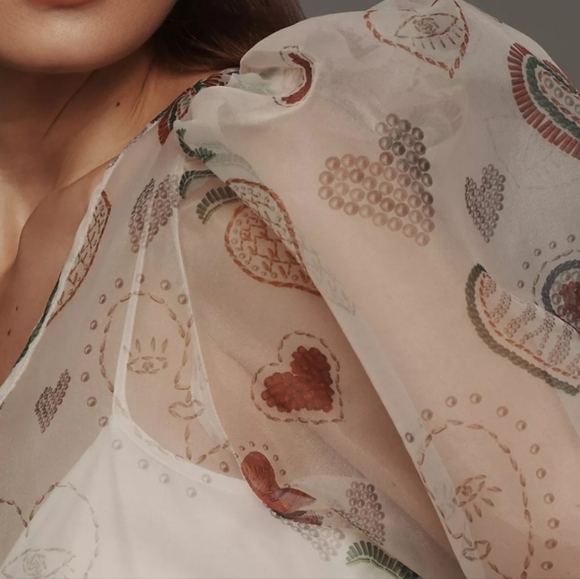 FARM Rio Anthropologie Sheer Heart Puff Sleeve Mini Dress In White Size L NWT - Picture 5 of 12